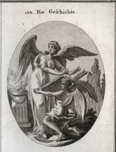 Allegory of history. His actions of listening and writing on a great book supported by time means the action of being informed to retranscribe the memory of past things. Engraving in 