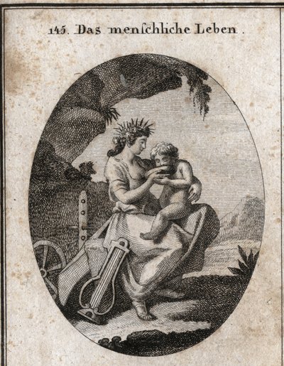 Allegory of human life. Lyre and plow symbolize pleasure and work. She gives a child a drink, essential to live. Engraving in 
