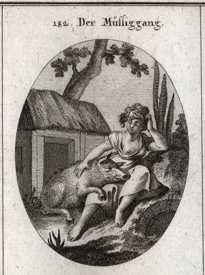Allegory of Idleness Represented by a Half Asleep Woman Who Scratches Her Head with One Hand and Rests with the Other on a Pig Sleeping on Her Knees. Engraving in 