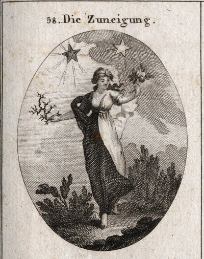 Allegory of Inclination. She Holds a Bouquet of Roses and a Bouquet of Thorns and Looks Indecisive in Her Choice. Behind It is a Bright and Beneficial Star (That of Jupiter) and a Dark and Harmful Star (That of Saturn). Engraving in 