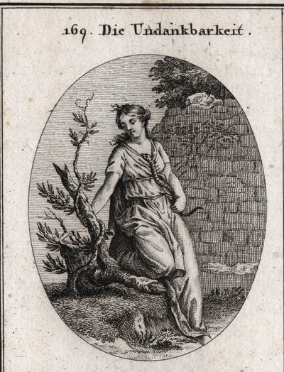 Allegory of ingratitude. A woman who heats a snake in her breast gets bitten. The ivy branch is the symbol of ingratitude as it destroys itself which serves as a support to rise. Engraving in 