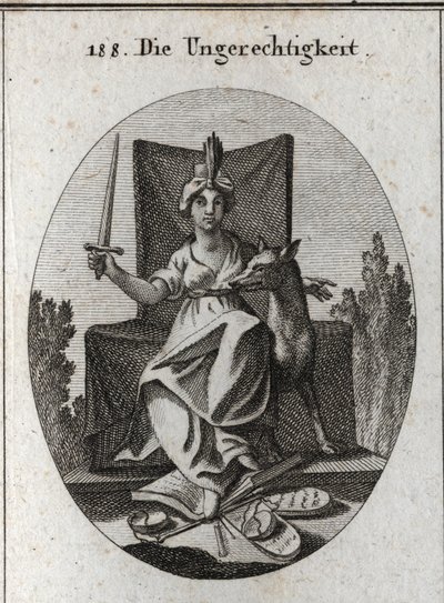 Allegory of injustice. She holds a sword that she raises and crushes at her feet the tables of divine laws and the book of human voices and the scales of justice that are broken. The wolf is the symbol of cruelty, rapine, and greed. Engraving in 