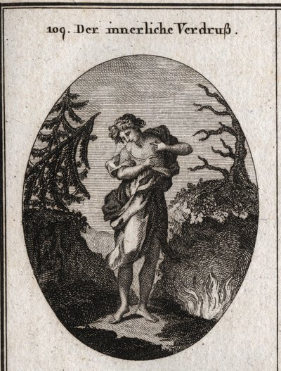 Allegory of Internal Sorrow Represented by the Sadness of the Face and the Disorder of Adjustment. Her Breast Appears to Be Eaten by Several Snakes. Engraving in 