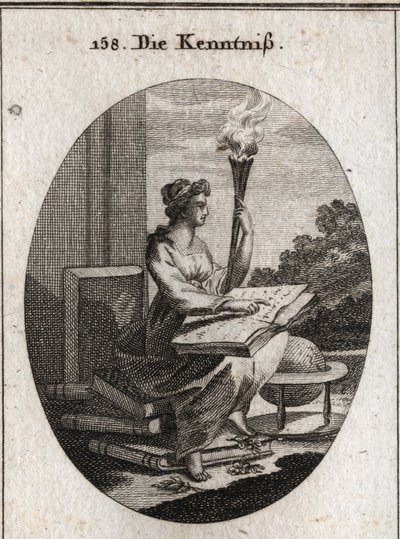 Allegory of knowledge based on various volumes of authors with a book open on their knees. The torch is allusive to the light it diffuses in souls. Engraving in 