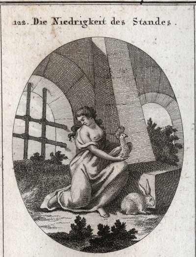 Allegory of Lowness. Its Attributes Are the Hoopoe That Feeds on Excrements and the Rabbit That Is a Shy Animal. Engraving in 