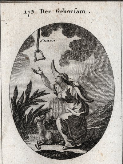 Allegory of obedience. She holds a yoke on her shoulders and moves forward to receive a brake that descends from the open sky in which the word 