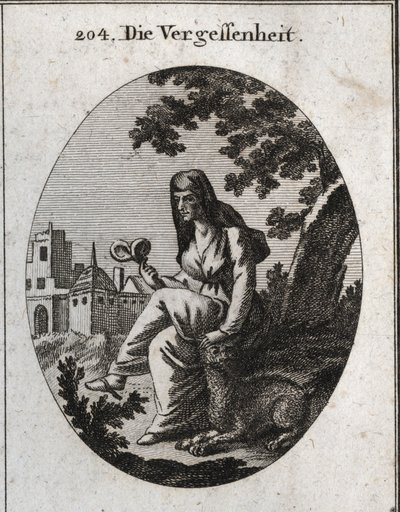 Allegory of oblivion. She holds a mandrake plant, powerful narcotic. The lynx is the animal dedicated to Bacchus. Engraving in 
