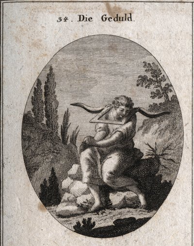 Allegory of patience sitting on pebbles, feet in thorns, hands joined and yoke on his shoulders. Engraving in 