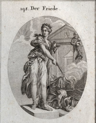 Allegory of Peace. She Wears a Wreath of Olive Trees and Holds a Club While She Burns with a Torch a Trophy of Weapons. Behind It, the Statue of Plutus Means That Abundance and Wealth Are Its Benefits. Engraving in 