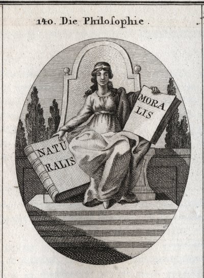 Allegory of philosophy sitting on a marble throne above several steps. She has a golden diadem on the forehead and holds two open books 