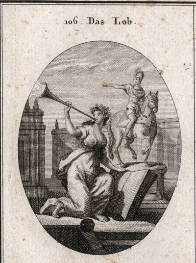 Allegory of praise holding a book to show that it passes posterity through the help of scriptures. It sounds a trumpet from which the glare of renown comes out. The equestrian statue is there for the praise of heroes. Engraving in 