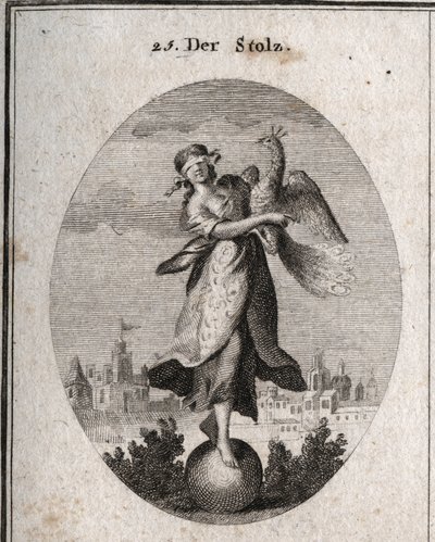 Allegory of Pride Represented by a Young Girl with a Blindfold Placed on a Ball Emblem of Her Little Solidity. The Peacock Symbolizes the Superb Spirit. The Rich Clothing Covers Her Poor Clothes to Show the Outdoors. Engraving in Iconologie oder Ideen a by Austrian School