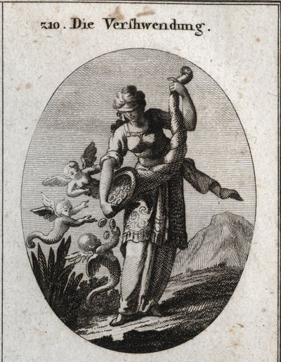 Allegory of prodigality depicted with a blindfold and shaking a horn of abundance from where silver and jewelry fall which harpies greedily take. Engraving in 