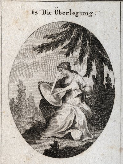 Allegory of Reflection. A ray of light starts from his heart strikes the mirror on his knees and reflects the light on his forehead. Engraving in 