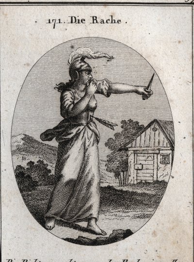 Allegory of revenge with a breastplate and a helmet on which a flame shines. She bites her finger and looks at a dagger. The arrow that pierces her means that revenge takes place only after an offense received. Engraving in 
