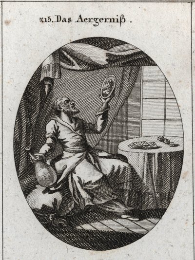 Allegory of scandal. He holds with one hand a bottle and on the other a portrait of a young woman and near a table on which are playing cards and games. Engraving in 