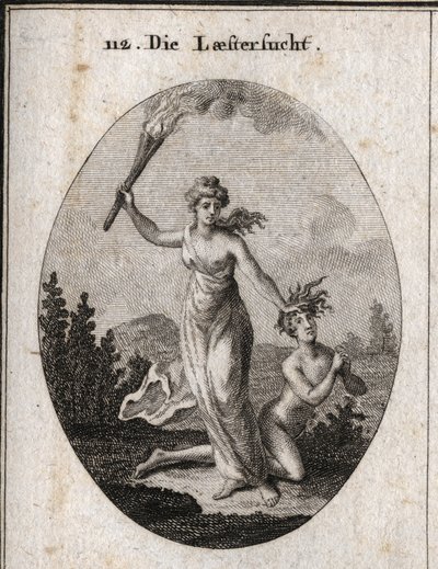 Allegory of Slander Holding a Torch and Ruthlessly Dragging a Naked Teen Who Joins Hands and Looks at the Sky. Engraving in 