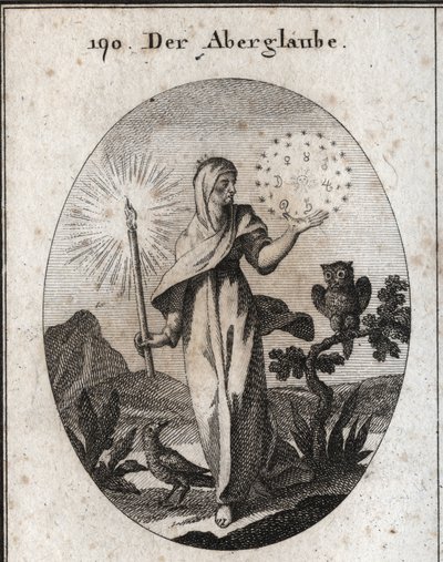 Allegory of superstition. She holds a candle lights and a circle of stars that surrounds the signs of the seven planets that she considers to be anxious. Its attributes are the owl and the crow. Engraving in “Iconologie oder Ideen aus dem Gebiete der Lei by Austrian School
