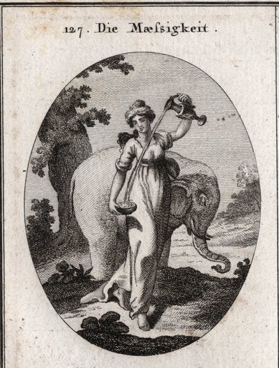 Allegory of temperance. Its attributes are water and wine mixtures together, as well as the elephant, animal always eating the same amount of food without excess. Engraving in 