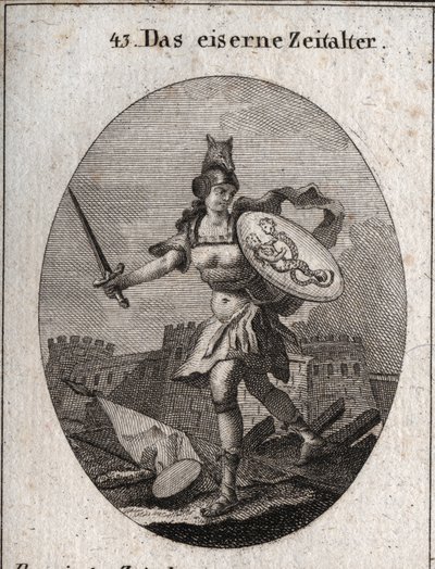 Allegory of the Iron Age characterized by violence, bad faith, and treason. Of fierce appearance, she is armed with a helmet in the head of a wolf, holds a sword and a shield where fraud and vice are represented (siren and snake with human faces). by Austrian School