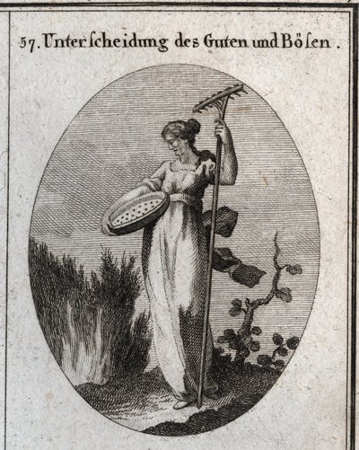 Allegory of the distinction between good and bad. The sieve separates the good grain from the chaff and the rake is used to remove weeds. Engraving in 
