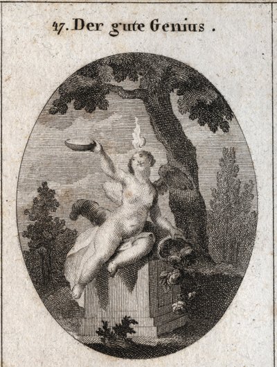 Allegory of the Favorable Genius under the figure of a child with wings and a small flame on his head, sitting on an altar in the shade of a plane tree. The horn of abundance means that it fills men with his favours. The father is a symbol of religious fee by Austrian School