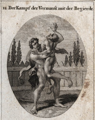 Allegory of the Fight of Reason and Appetite. The earthly and carnal appetite is depicted by Ante and Hercules (Heracles) symbolizes reason, strength and courage that takes away and stifles Ante. Engraving in 