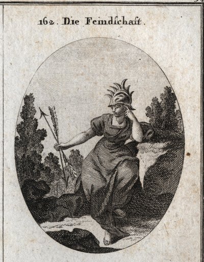 Allegory of enmity with a helmet trimmed with iron tips. Her dress is strewn with flames. The two arrows she holds to the opposite are synonymous with contradiction. Engraving in 