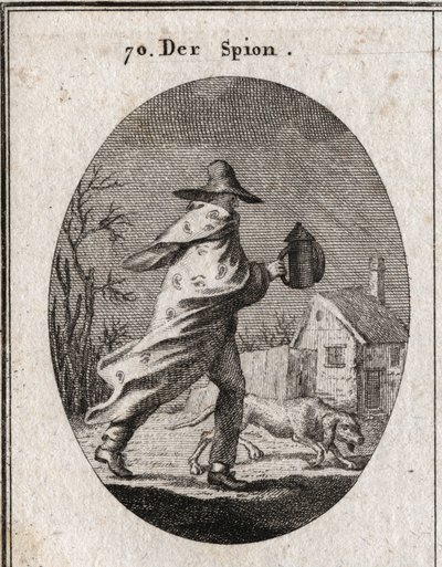 Allegory of the Spy. His coat is strewn with eyes and ears and holds a deaf lantern. A brque dog smells the terrain. Engraving in 