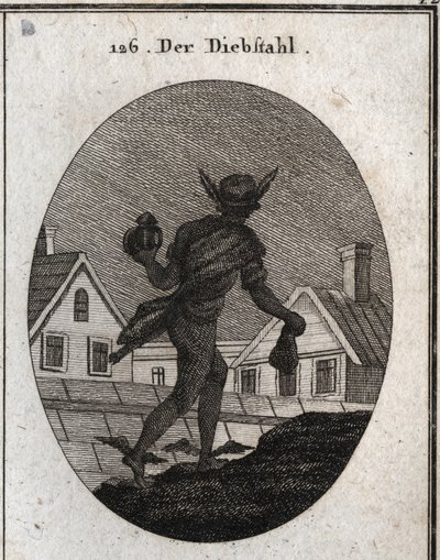 Allegory of theft represented by a man walking in the night with a deaf lantern and a purse in his hands. The wings on his feet show he