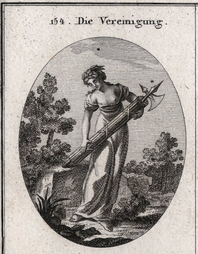 Allegory of union. Crowned with olive tree symbol of peace, and mirth representing joy. It flows on a bunch of tightly bound sticks without bending the image of strength and union. Engraving in “Iconologie oder Ideen aus dem Gebiete der Leidenschaf by Austrian School