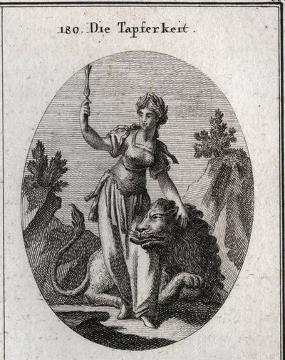 Allegory of value, crowned with laurel, she caresses a lion tamed by her. The high scepter means that her courage makes her worthy of command. Engraving in 