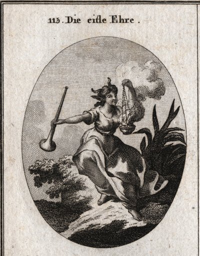 Allegory of Vain Glory Holding a Trumpet and Breathing the Smell of Incense with Satisfaction. Engraving in 