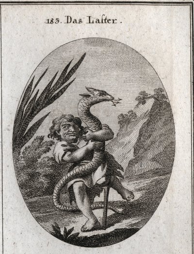 Allegory of vice represented by a dwarf squeezing a hydra. Engraving in “Iconologie oder Ideen aus dem Gebiete der Leidenschaften und Allegorien bildich dargestellt fur Zeichner, Mahler, Dichter, Gelehrte, Erzieher und freunde Hoherer Geschmacksbildung” by Austrian School