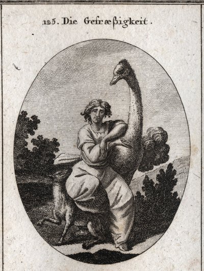 Allegory of Voracity. The Ostrich is the Attribute of Greed; We Add a Lean and Hungry Wolf for Greater Voracity. Engraving in 