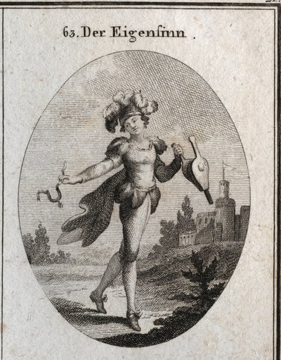 Allegory of whim. His costume and feathers mark the inconstancy of the fantasies of the capricious. The bellows and spur he holds show that he praises both virtue and vice indifferently. Engraving in 