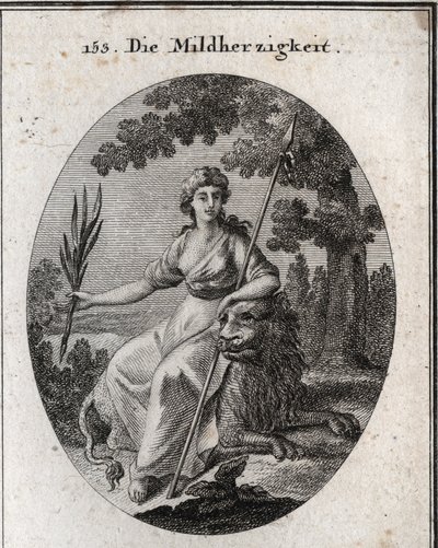 Clemency allegory. She is represented holding a spear and an olive branch to indicate that she has the power to punish but also to forgive. The lion is the attribute of generosity. Engraving in “Iconologie oder Ideen aus dem Gebiete der Leidenschaften un by Austrian School