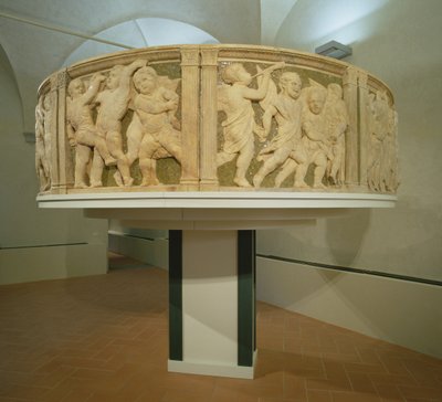 Post-restoration exterior pulpit of Prato Cathedral by B. di Donatello and Michelozzo