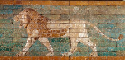 The Processional Way of Babylon erected under the rule of Nebuchadnezzar II (605-562 BC): (detail) of the Ishtar Gate depicting a Mosaic lion of bricks. Babylon, Iraq. Paris. Louvre Museum by Babylonian