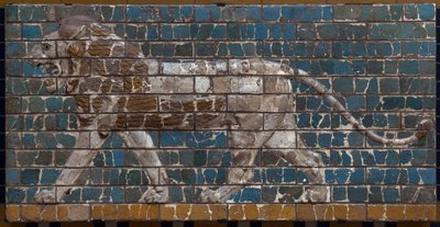 The Processional Way of Babylon erected under the rule of Nebuchadnezzar II (605-562 BC): detail of the Ishtar Gate depicting a Mosaic lion of bricks. Babylon - Archeological Museum Istanbul by Babylonian
