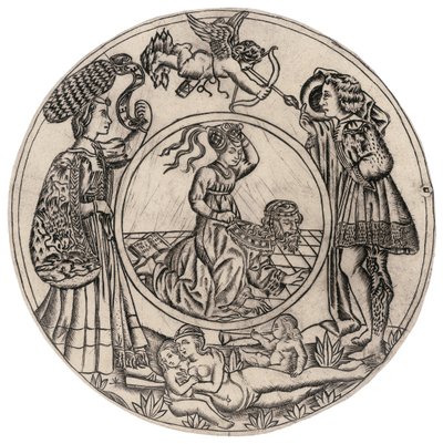 Aristotle and Phyllis, surrounded by a young man and woman with Eros, and reclining nude woman with two children, second half of the 15th century by Baccio Baldini