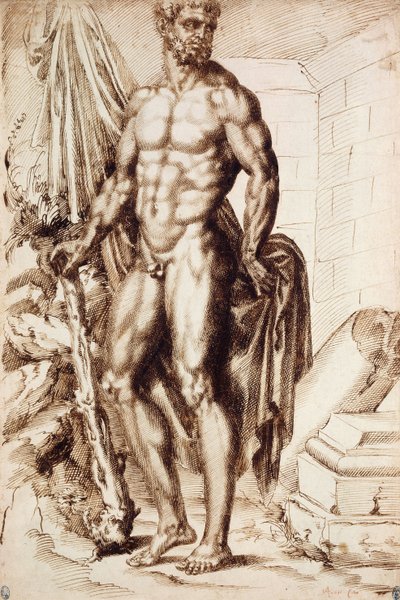 Hercules Turned to the Left, Leaning on his Club, Holding Drapery, by the Ruins of a Temple by Baccio Bandinelli