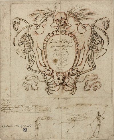 Funereal Cartouche with Inscription and Sketches of Skeletons and Ornamental Details by Baccio del Bianco