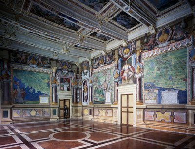 Royal or Hercules Hall with Frescoes, Hercules Hall by Baldassare Croce, Mythological Scenes and Historical Events of City of Viterbo, Wooden Coffered Ceiling, Town Hall, Former Palazzo dei Priori, Viterbo, Lazio, Italy by Baldassare Croce