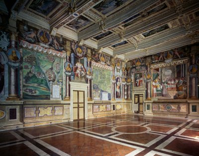 Royal or Hercules Hall with Frescoes by Baldassare Croce Depicting Mythological and Historical Scenes of the City of Viterbo, Wooden Coffered Ceiling with the Possessions of the City, Town Hall (formerly Palazzo dei Priori), Viterbo, Lazio, Italy by Baldassare Croce