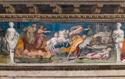 Procris Impaled by the Never Erring Javelin, Cephalus Running Towards Her and Aurora and Titone on a Chariot Pulled by Four Horses by Baldassarre Peruzzi