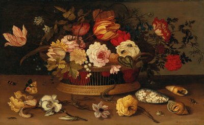 A Wicker Basket with Flowers and Shells on a Stone-ledge by Balthasar van der Ast