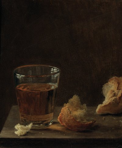A Glass of Beer and a Bread Roll on a Table by Balthasar Denner