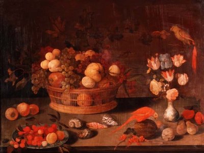 A Still Life of Peaches, Apples and Grapes in a Wicker Basket, Flowers in a Chinese Vase and Two Parrots on a Table by Balthasar van der(follower of) Ast