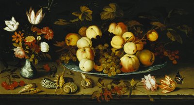 Fruit on a Dish, Flowers in a Wanli Kraak Porselein Vase, Sprigs of Cherries and Redcurrants, Seashells, a Rose, a Tulip, a Pink, a Lizard, a Snail and a Red Admiral on a Stone Ledge, Dragonflies Above by Balthasar van der Ast